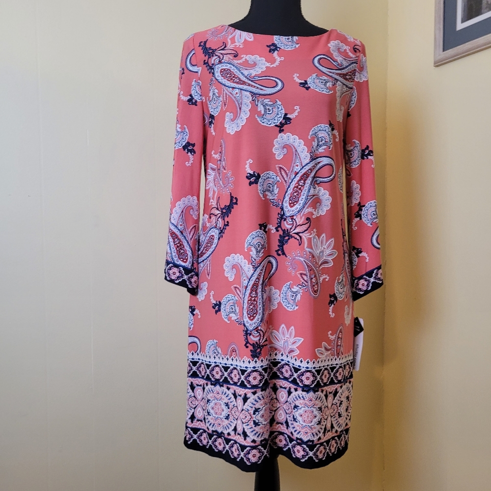 NWT Studio One New York Paisly Print Long Sleeve Knee-Length Dress